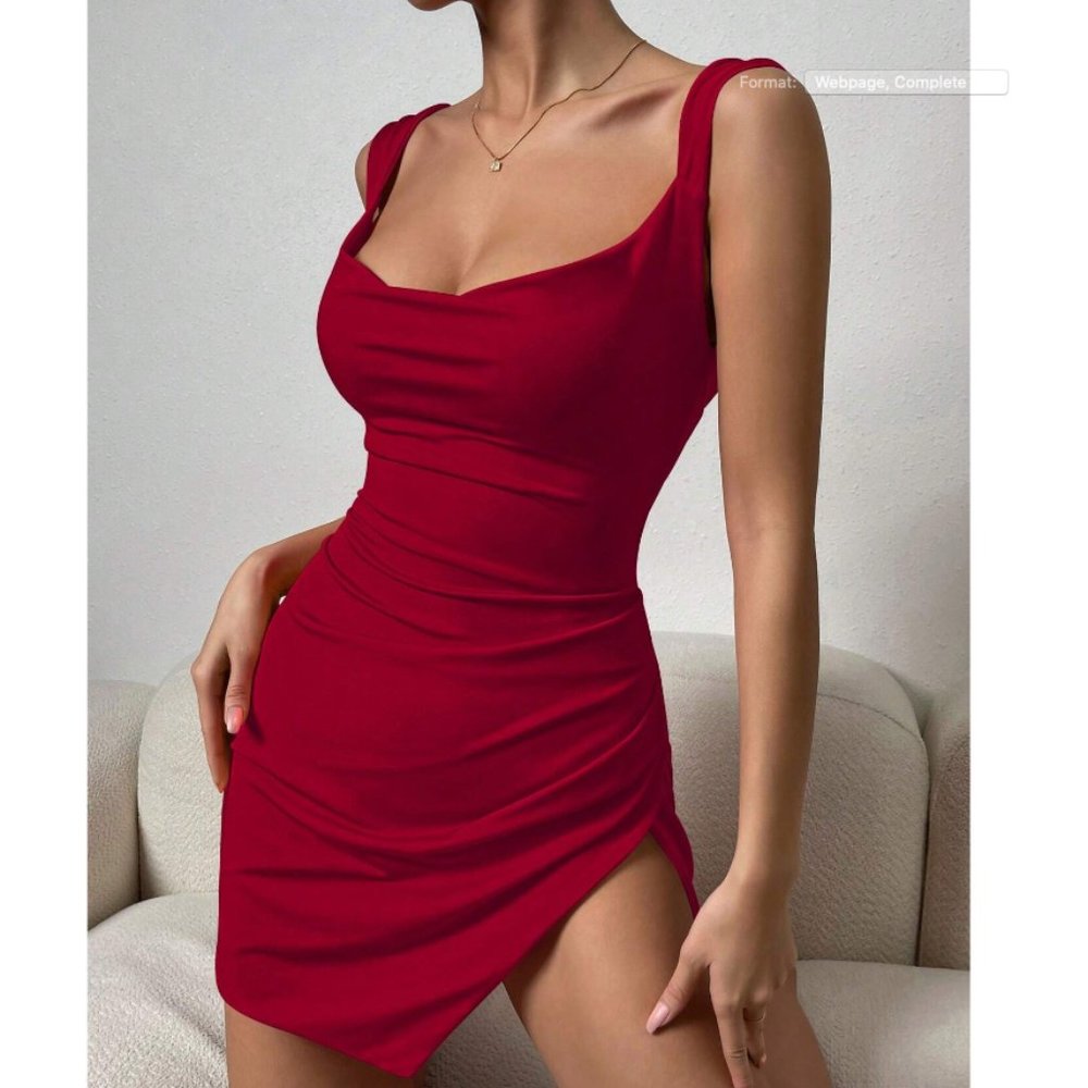 SHEIN Privé Draped Collar Tie Back Split Thigh Dress Mini Fitted RED Size Large